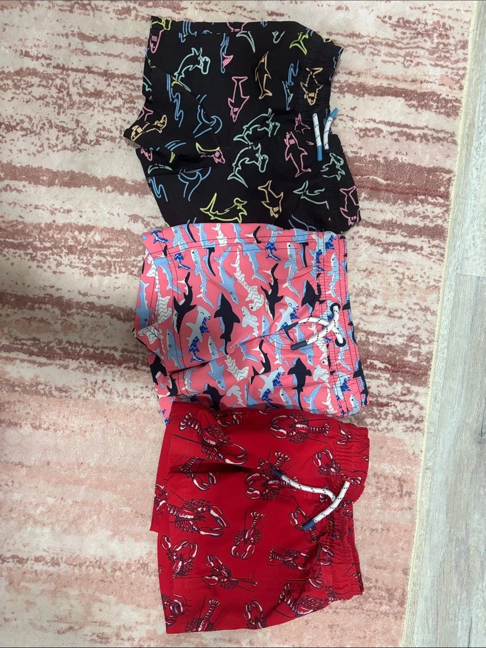 Kids Swim Shorts - Black, Pink, Red Shark & Lobster Prints